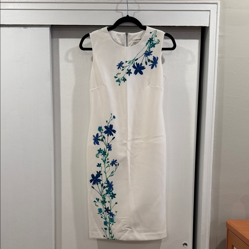 Calvin Klein White Sleeveless Floral Sheath Midi Dress/ Woman/ Size 4
